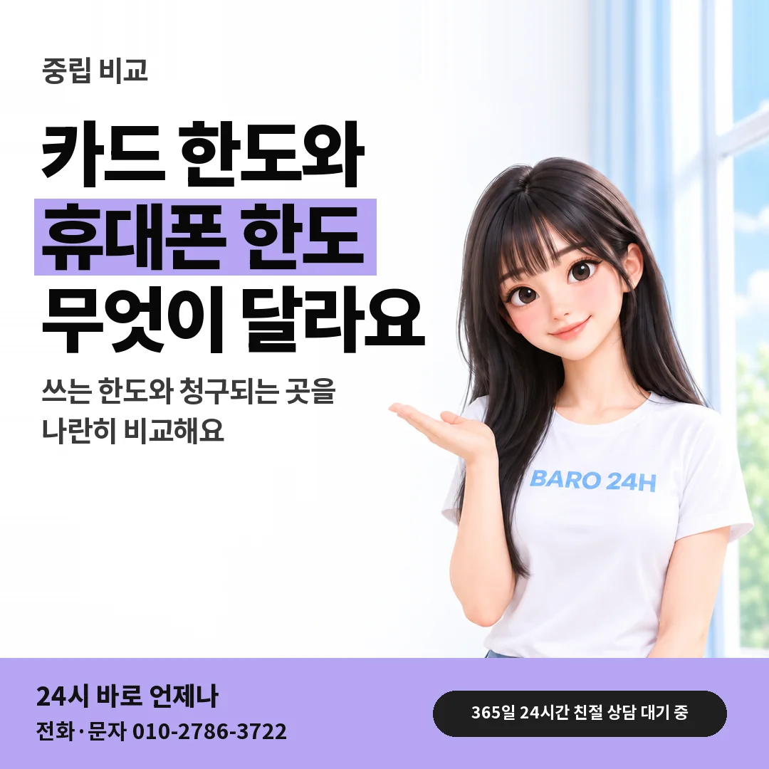 BARO 24H 티셔츠를 입은 3D 인물 옆에 「아이폰 카드깡과 다른 결제」 제목을 얹은 안내 카드